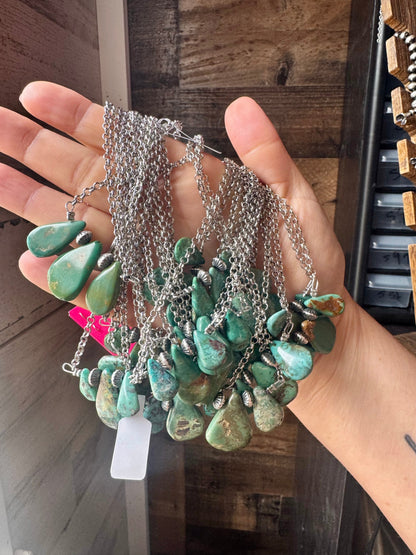 16-Inch Green Turquoise Necklace with Sterling Silver Pearls