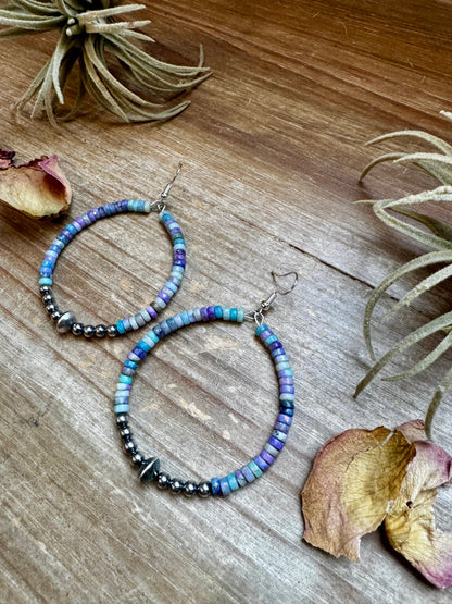 Hoop Earrings with Purple Dolomite Heishi & Sterling Silver Pearls