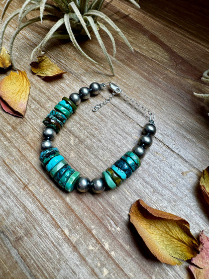 Turquoise Heishi & Sterling Silver Bracelet – 6.5 Inch + Extender – 8 mm Pearls