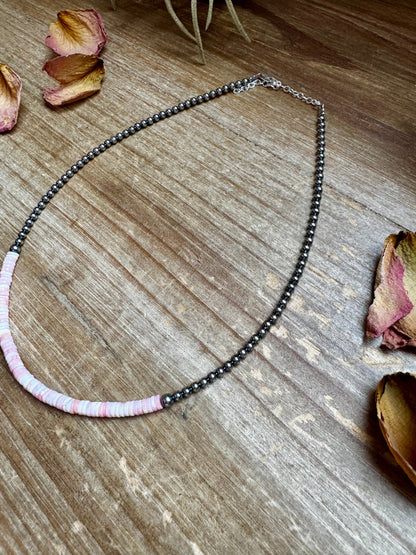 15-Inch Pink Conch Heishi Necklace – Sterling Silver Pearls, Handmade